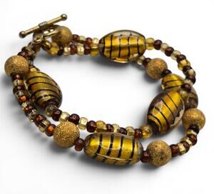 Artisan Amber Gold Glass Bead Double Strand Bracelet 7.5 In